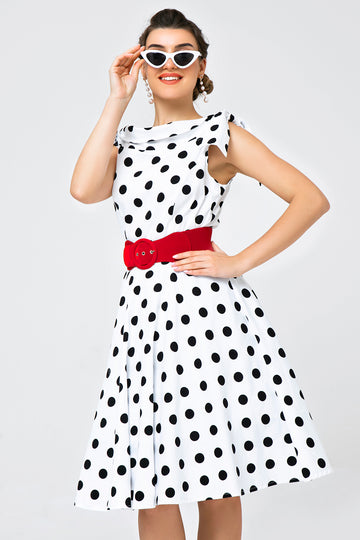 White Off-shoulder Dress with Black Polka Dots